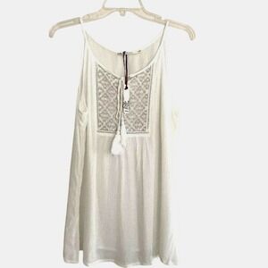 Laffaire Womens White Gold Embroidered Sequin Tassel Tank Top Boho Sleeveless S